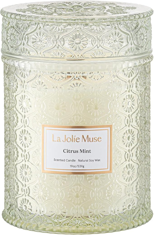 LA JOLIE MUSE Citrus Mint Scented Candles, Summer Candle, 19 oz Wood Wicked Large Candle Gifts for Men&Women, Long Burning Glass Jar Candles