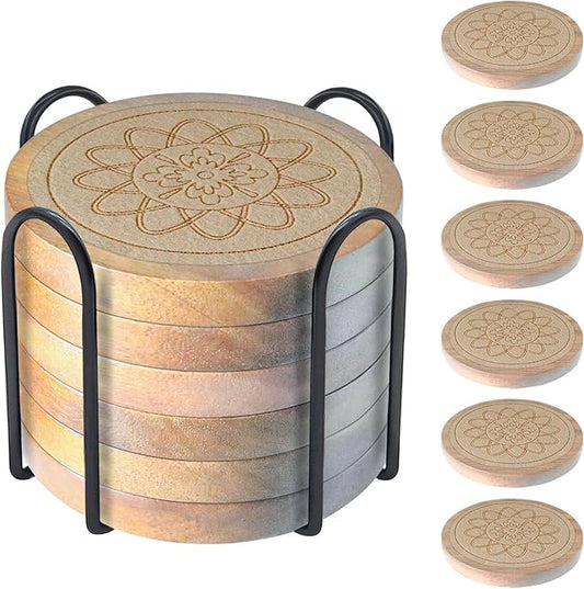 Wood Coasters for Drinks Housewarming Gifts for Home Decoration Coasters Sets of 6 Absorbent Coasters with Holder Funny Coasters for Coffee Tabletop Protection 4.3 Inch Beige, CRB6-B004