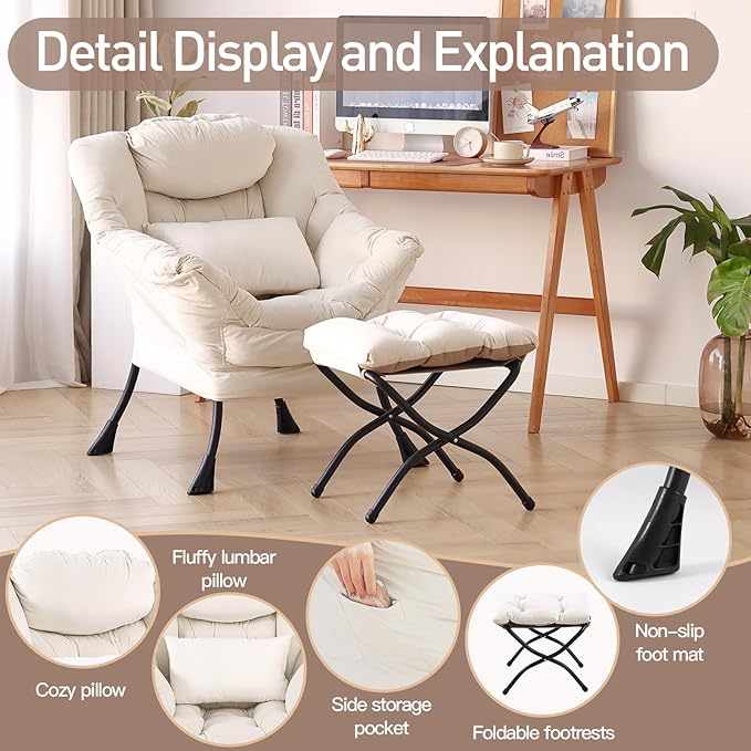 Lazy Chair with Ottoman, Modern Accent Chair with Lumbar Pillow, Comfy Chairs with Folding Footrest for Bedroom, Reading, Oversized Supportive Lounge Chairs(Velvet Beige)