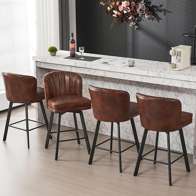 Swivel Counter Height Bar Stools Set of 4, 26'' Modern Barstools with Backs and Metal Legs, Upholstered Bar Chairs, Faux Leather Brown Stools for Kitchen Island Chairs