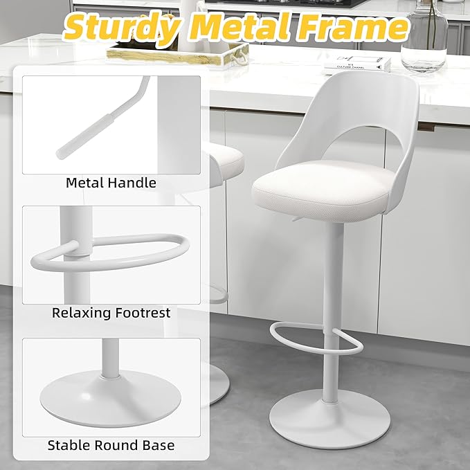 civama Bar Stools Set of 2 for Kitchen Counter, Seat Height Adjustable 25''-33'', Modern Upholstered Swivel Island Chairs with Hollow Backrest Metal Base, White