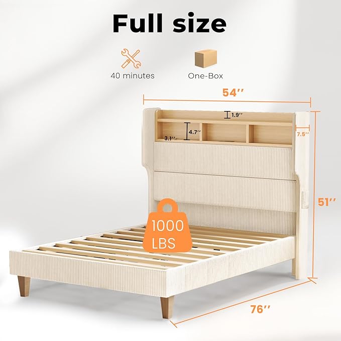 Full Size Bed Frame with 51" Tall Corduroy Wingback Headboard and Storage Shelf, Upholstered Platform Bed with LED Lights & Charging Station, No Box Spring Needed, Easy Assembly, Cream