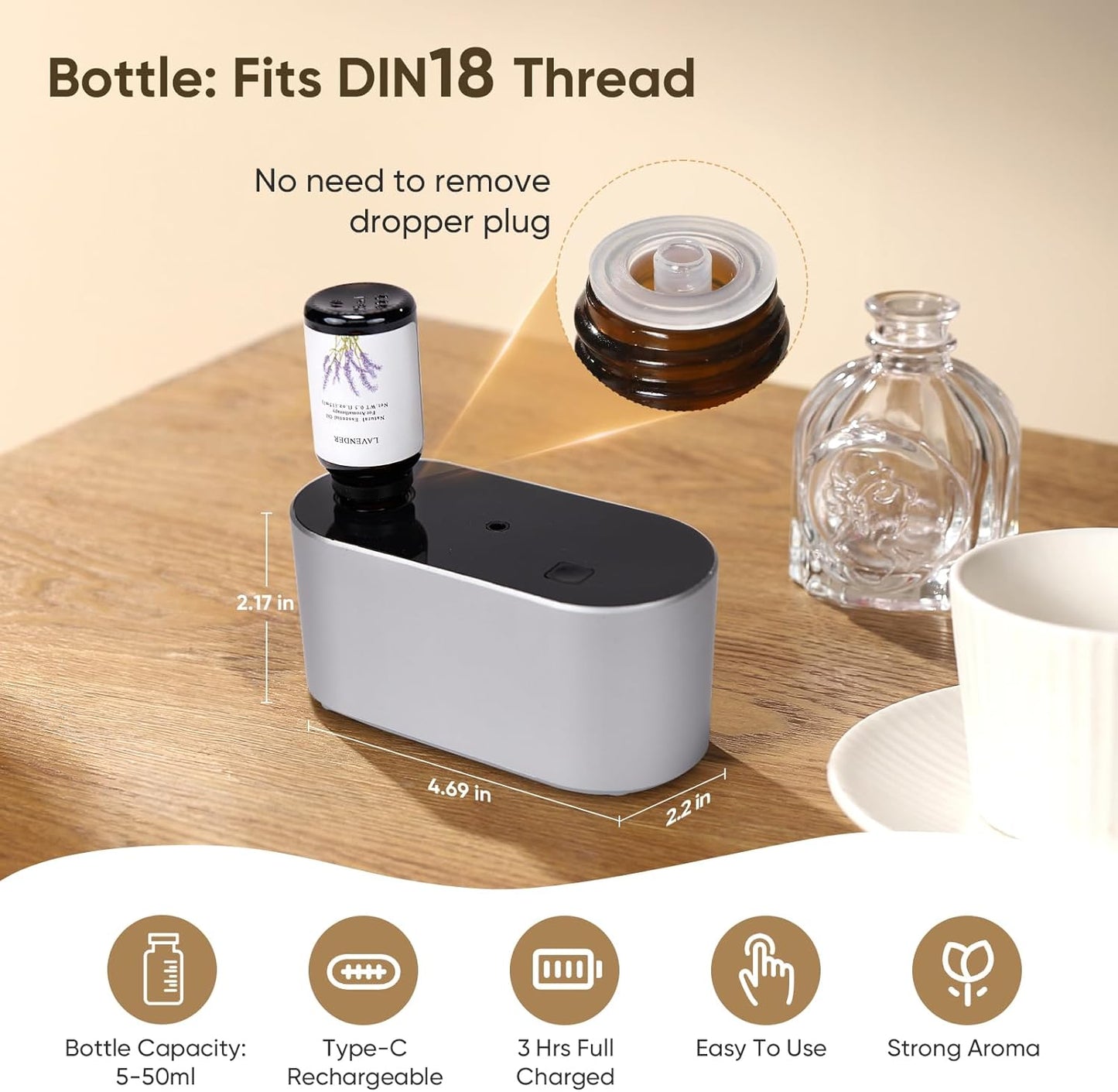 Waterless Diffuser for Home Essential Oil Diffuser, Aromatherapy Diffuser, Portable Scent Diffusers, 3 Mist Modes, Cycle Start for Bedroom, Office Studio 160 sq. ft Silver