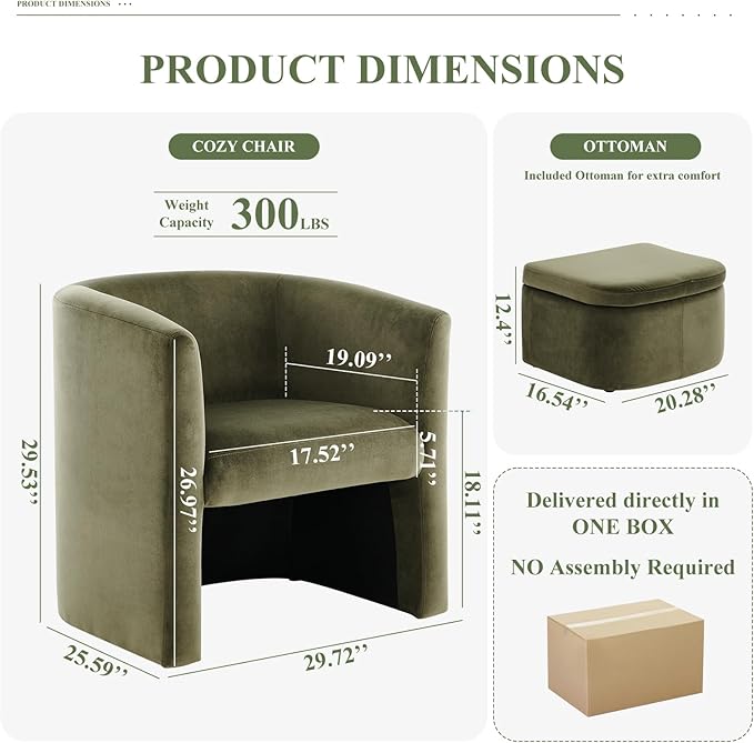 Modern Velvet Barrel Accent Chair with Storage Ottoman, Space-Saving Armchair for Apartment Living/Study Room, Green