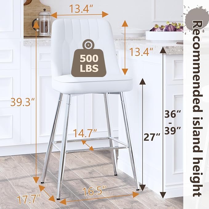 Counter Height Bar Stools Set of 4,White Bar Stools with Back,27" Upholstered Counter Height Bar Stool with Sturdy Silver Chrome Footrest,Modern Kitchen Island Chairs for Home Pub Bar