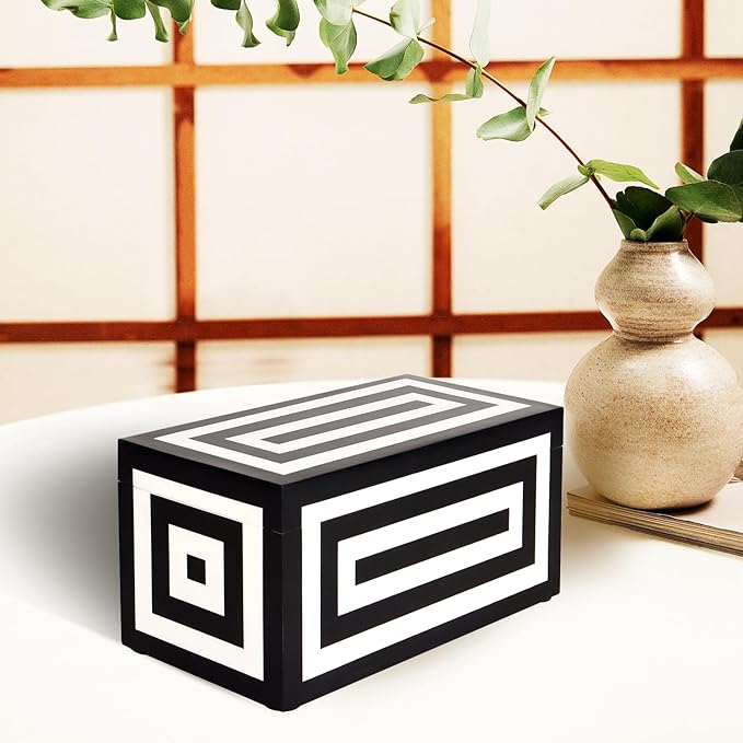 Handicrafts Home Decorative Storage Box with Lid– 10x5x5” Modern Home Decor Organizer, Memory Box & Jewelry Storage- Decorative Boxes for Living Room & Shelf Decor- Concentric - Black White