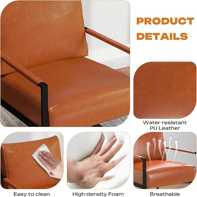 Phoenix Home PU Leather Accent Chair Set of 2, Leisure Metal Framed Armchair with Extra Soft Padded and Cushion, 105 Degree Slant Back, Modern Reading Arm Chair for Living Room/Office/Bedroom， Brown