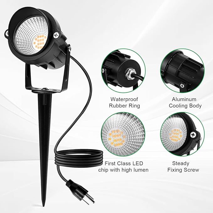 Outdoor Landscape Lights 10W Outdoor Lighting 3000K Warm Light with Stand & COB Led Spotlights for Yard Lawn Flag, 1000LM Waterproof Landscape Lighting 5.9 FT Plug Cord