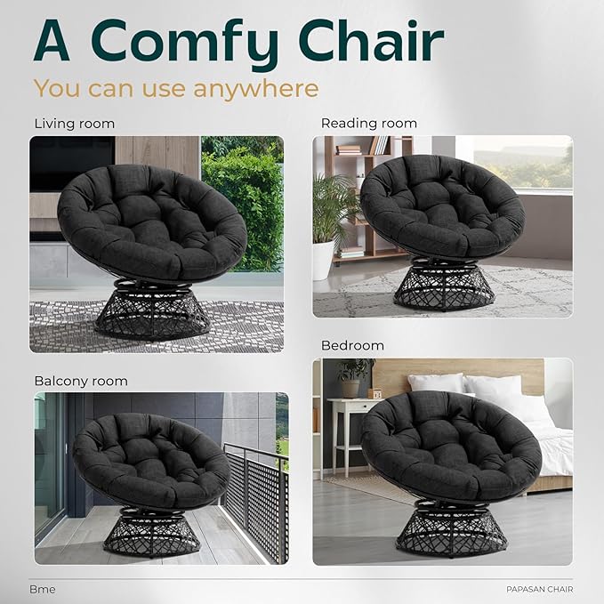 Bme 40" Ergonomic Wicker Papasan Chair with Soft Thick Cushion & Frame, 360° Swivel, Circle, Reading, Comfy Chair for Living Room, Bedroom