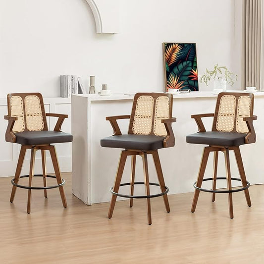 Set of 3 Swivel Counter Height Bar Stools - 27 inch Walnut Counter Stool with Cane Back, Upholstered Seat, Curved Arms, Faux Leather Counter Stools for Island/Pub/Kitchen (27" Seat Height, Brown)