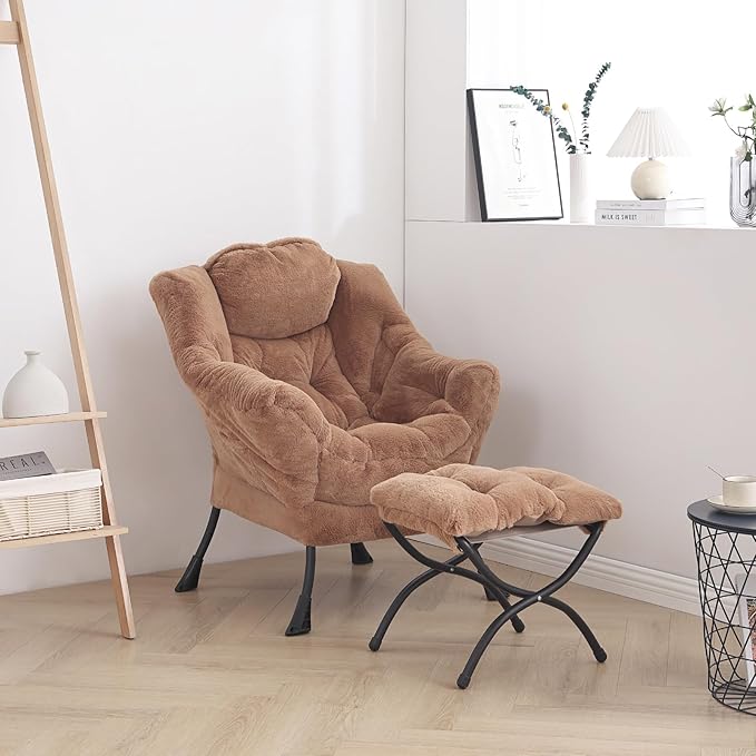 LITA Lazy Chair with Ottoman, Modern Accent Leisure Upholstered Sofa Chair, Lounge Reading Chair with Armrests and a Side Pocket for Living Room, Bedroom & Small Space, Plush Brown