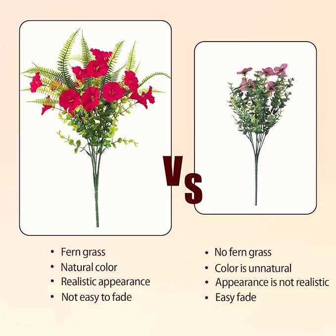 Artificial Flowers Outdoors 12 Bundles Artificial Petunias Fake Flowers UV Resistant Shrubs Plants with Fern for Indoor Outside Hanging Planters Home Garden Summer Decorations(Rose Red)
