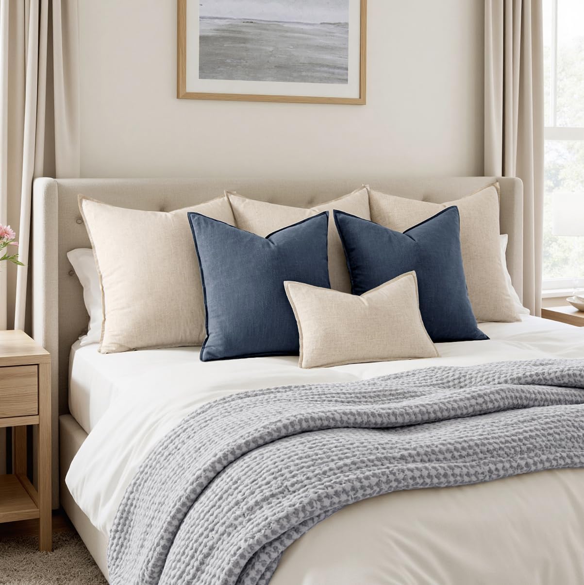 MIULEE Decorative Linen Euro Sham Pillow Covers 24x24 Indigo Blue Boho Farmhouse Neutral Couch Throw Pillows for Bed Pack of 2 Accent Coastal Modern Pillowcase Summer Sofa Livingroom Home Decor