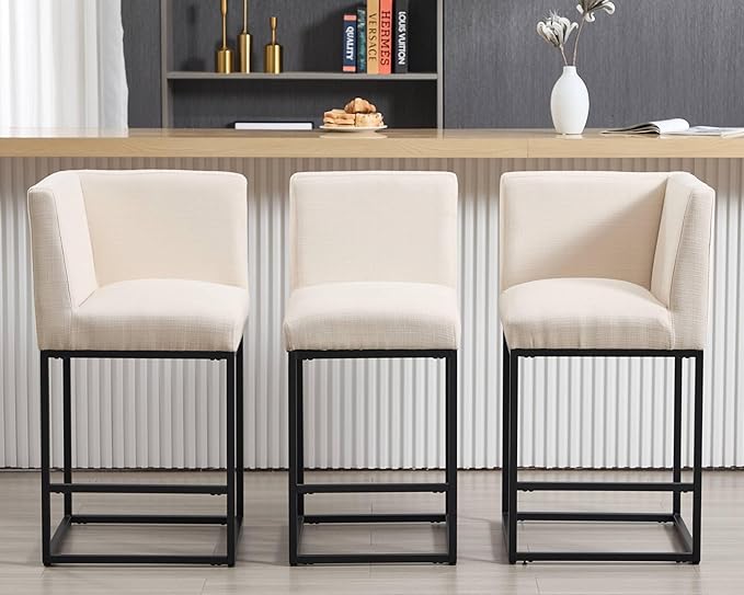 VESCASA 27" Counter Height Bar Stools with Padded Back, Modern Upholstered Counter Stool Chairs with Black Metal Frame for Kitchen Island, Linen Cream, 1 Left Side Seat and 1 Right Side Seat