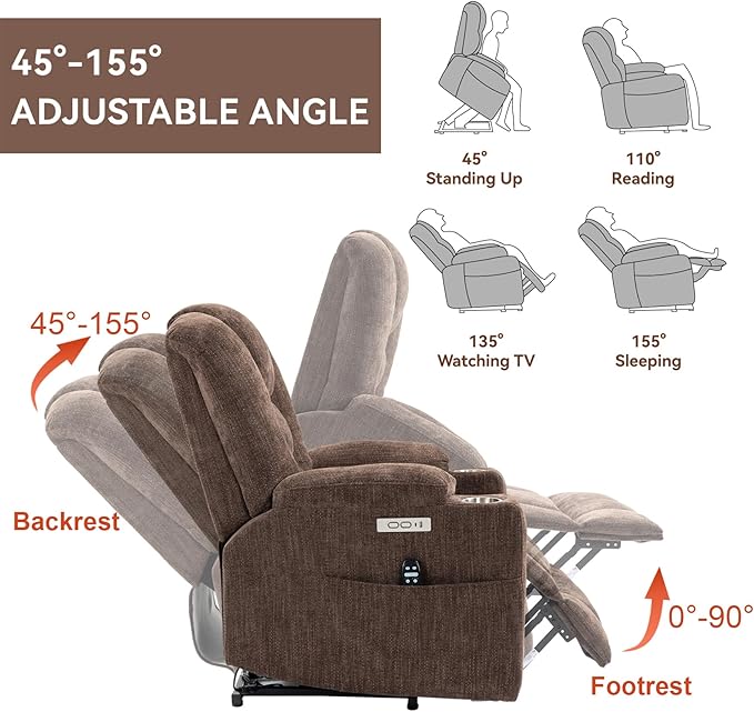 Large Power Lift Recliner Chair for Eldery, Overstuffed Wide Recliners with Massage and Heat, Electric Living Room Chairs with USB Charge Port, 2 Cup Holders, Brown
