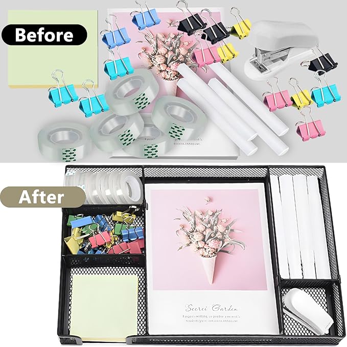 Black Office Desk Accessories, Black Office Supplies Set, Desk Drawer Organizer,Stapler and Tape Dispenser Set,Tape,Staple Remover, Staples, Paper Clips, Scissor and Sticky Note (Black)