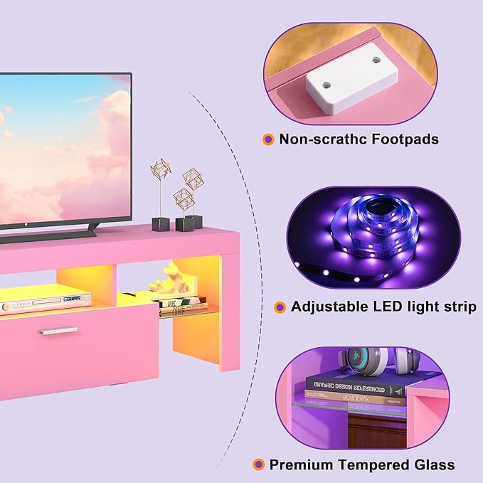 Clikuutory Modern Lighting 51 inch TV Stand with Large Storage Drawer for 32 40 50 55 Inch TVs, TV Console with 20 Color LED Lights, Entertainment Center Media and Open Shelf for Bedroom, Pink