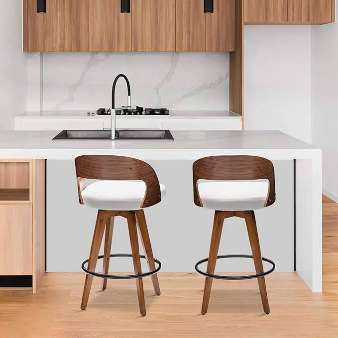 Barstools Set of 2,Counter Height Bar Stools for Kitchen Island,26.8 Inch Modern Upholstered Bar Chair, Swivel Counter Stools with Wood Back and Bamboo Legs (Beige-Fabric)