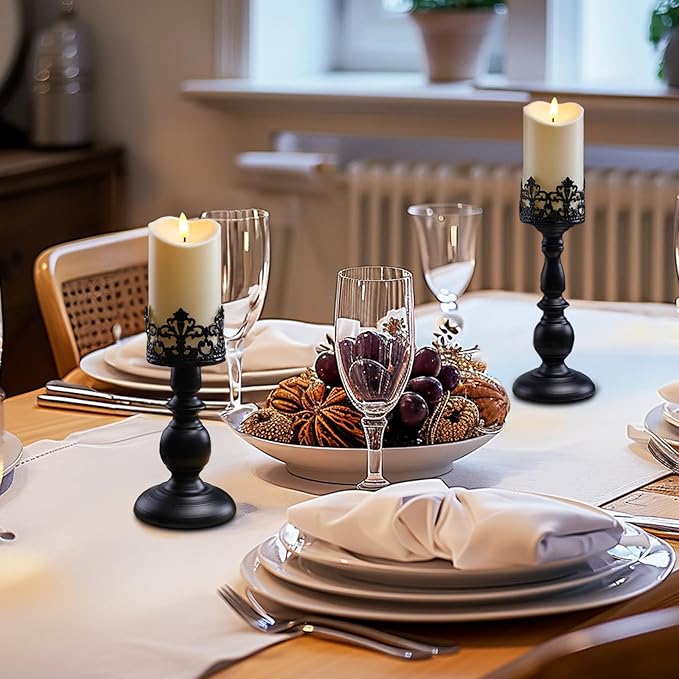 Homemory Black Halloween Candle Holders for Pillar Candles Set of 2, Gothic Vintage Candle Holders for Table Centerpiece, 11" 9" Tall Candle Stand Decorative for Dining Fireplace Living Room (Black)