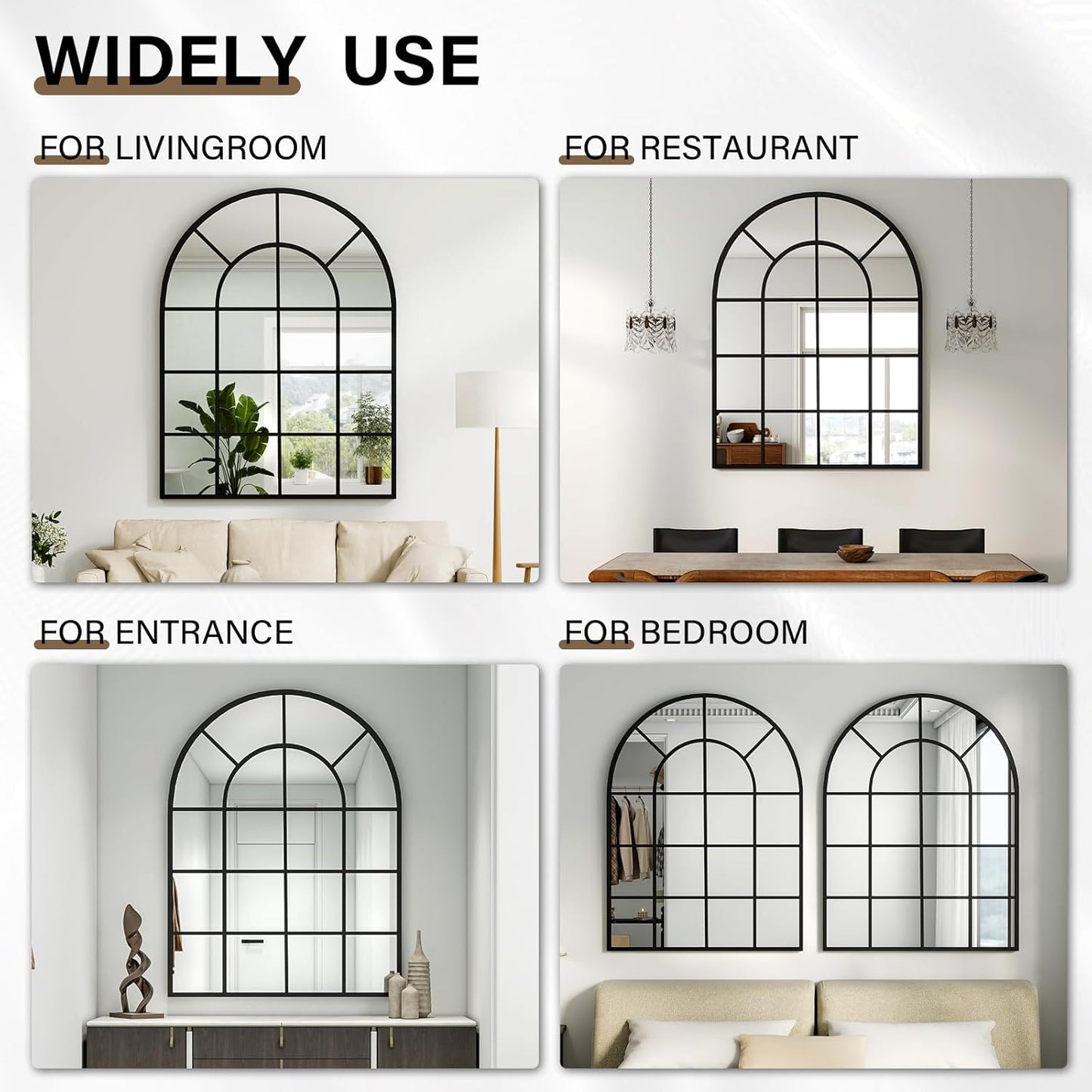 30"×40" Windowpane Arched Wall Mirror, Grid-Designed Decorative Farmehouse Wall Mounted Mirror with Metal Frame Hanging Leaning for Entryway, Living Room, Home Decor, Black