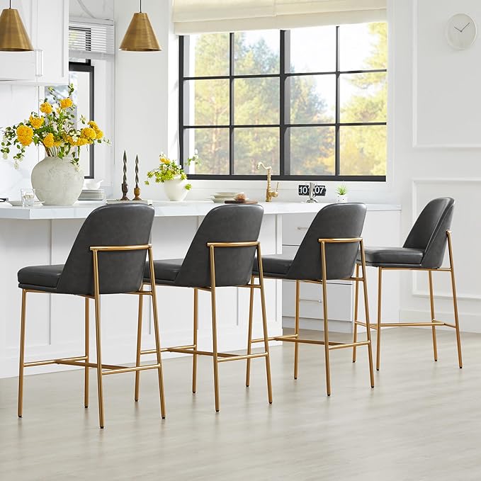 CHITA Counter Height Bar Stools Set of 2, FSC Certified Metal Barstools for Kitchen Island, 27" H Seat Height, Faux Leather, Grey