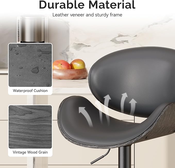 Swivel Bar Stools Set of 4, Seat Adjustable Height 23.5-32.5IN Bentwood Barstools with Back & Footrest, PU Leather Upholstered Counter Height Bar Chairs for Bar Kitchen Dining Room,Gray