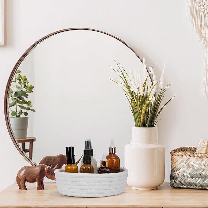 Small Shelf Storage Baskets for Organizing, 6 Pack Round Cotton Rope Bins, Decorative and Cute Woven Baskets for Bedroom and Closet, Key Tray Bowl, Home Decor Countertop Organizer (Beige)