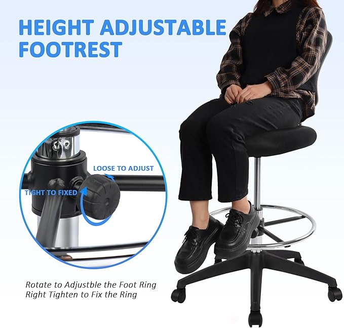 HYLONE Ergonomic Office Chairs, Office Drafting Chair, Rolling Stool Chair Armless Standing Desk Chair with Footrest Bar Stools for Home,Office & Bar