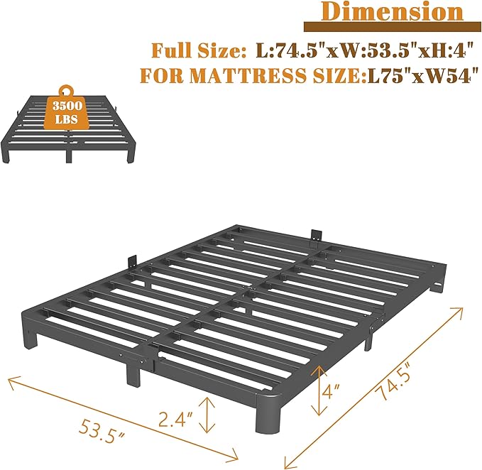 4 Inch Full Size Bed Frame with Metal Gaskets, Black Bed Frame Full No Box Spring Needed, Rounded Corner Design, Heavy Duty Steel Platform Support, Reserved Holes, Noiseless, Easy Assembly
