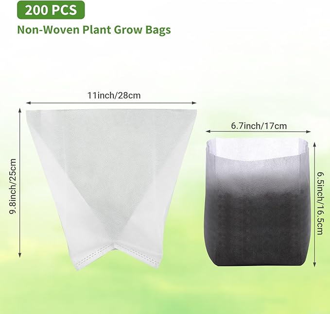 GREANER Fabric Seedling Plant Grow Bags, 200 PCS Non-Woven Plant Nursery, 9.8x11 inches Biodegradable Plant Starter Bags for Tree, Flower, Vegetable, Fruit, Saplings, Home Garden Supply