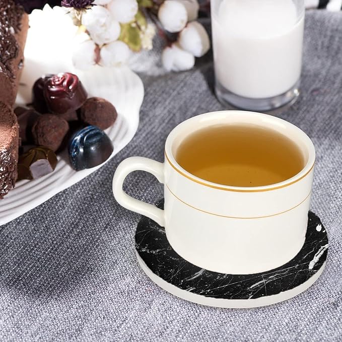 Marble Coasters Set of 4 with Holder Round Water Absorbent Premium Black Classic Marble Ceramic Coasters Tabletop Protection,Suitable for Various Coffee Cup,Home Decor,4 Inch