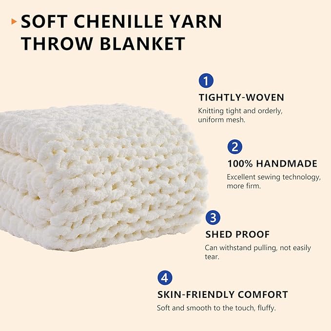L'AGRATY Chunky Knit Blanket Throw: 80''x90'' Chenille Chunky Knitted Throw Blanket for Bed Couch - Handmade Thick Big Cable Knit Blanket - Large Chunky Crochet Blanket for Home Decor(Cream White)
