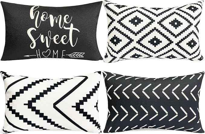 Decorative Throw Pillow Covers Set of 4 Black White Pillow Covers 12x20 inch Throw Pillow Cases Linen Square Pillow Case,Farmhouse Outdoor Geometric Pillow Covers for Couch Sofa Living Room