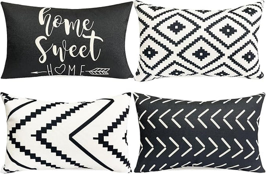 Decorative Throw Pillow Covers Set of 4 Black White Pillow Covers 12x20 inch Throw Pillow Cases Linen Square Pillow Case,Farmhouse Outdoor Geometric Pillow Covers for Couch Sofa Living Room