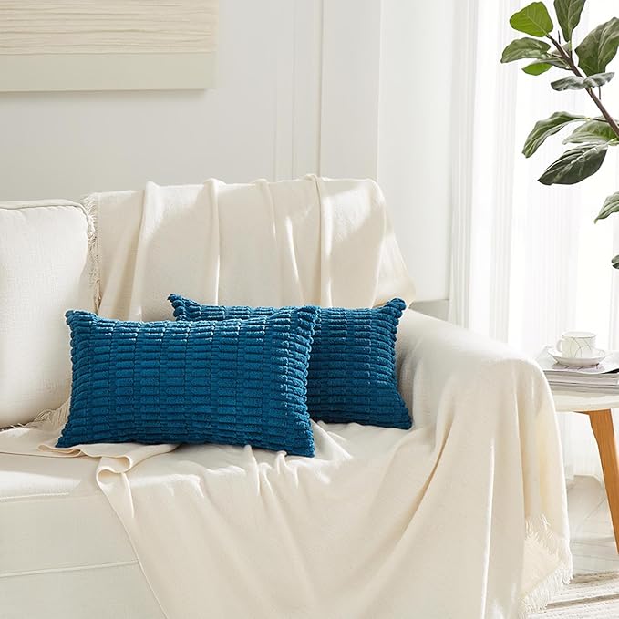 Fancy Homi 4 Packs Teal Lumbar Decorative Throw Pillow Covers 16x24 Inch for Living Room Couch Bed Sofa, Farmhouse Boho Home Decor, Soft Striped Corduroy Rectangle Cushion Case 40x60 cm