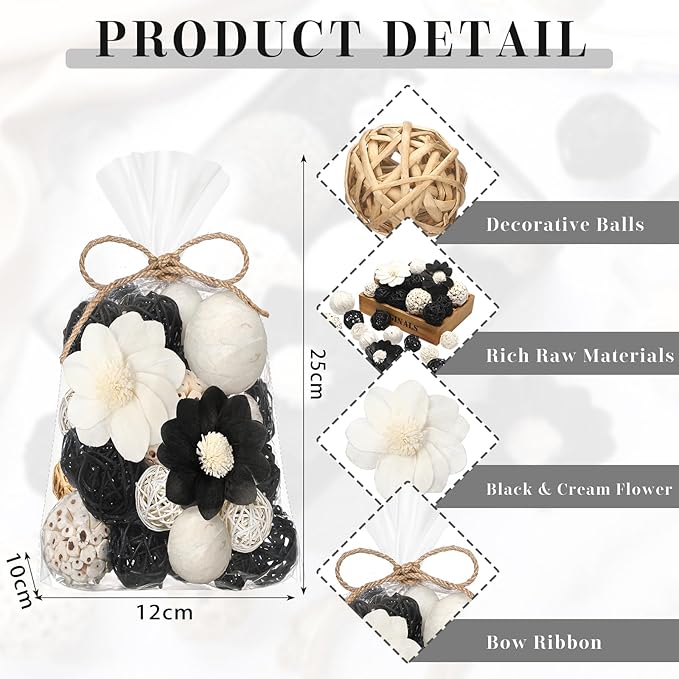 Riceshoot 2 Pack Decorative Balls Potpourri Bowl Filler Decor Natural Vase Bowl Filler Assorted Spherical Rattan Twigs Wicker Balls Cotton for Home Centerpiece(Black)