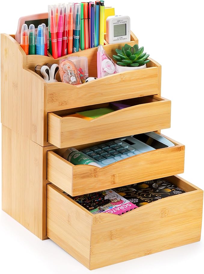 Yopay 2 Pack Bamboo Desk Organizer, Stackable Desktop Organizers with 3 Drawers, Bamboo Office Tabletop, Countertop Organization for Stationery, Makeup Vanity, Fully Assembled