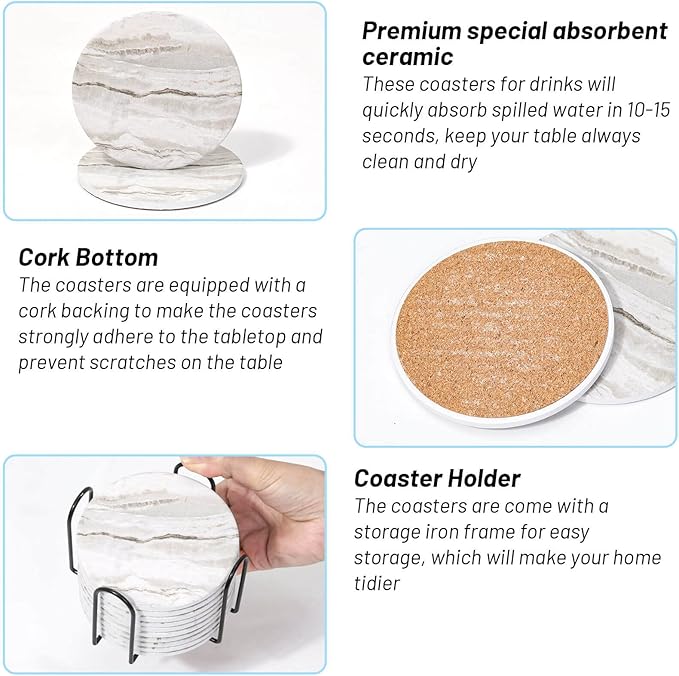 Acejoz Drink Coasters with Holder for Coffee Table, Absorbent Coaster Set of 6, Marble Style Ceramic Coaster for Wooden Table, Suitable for Kinds of Cups, Home Decor, 4 Inches