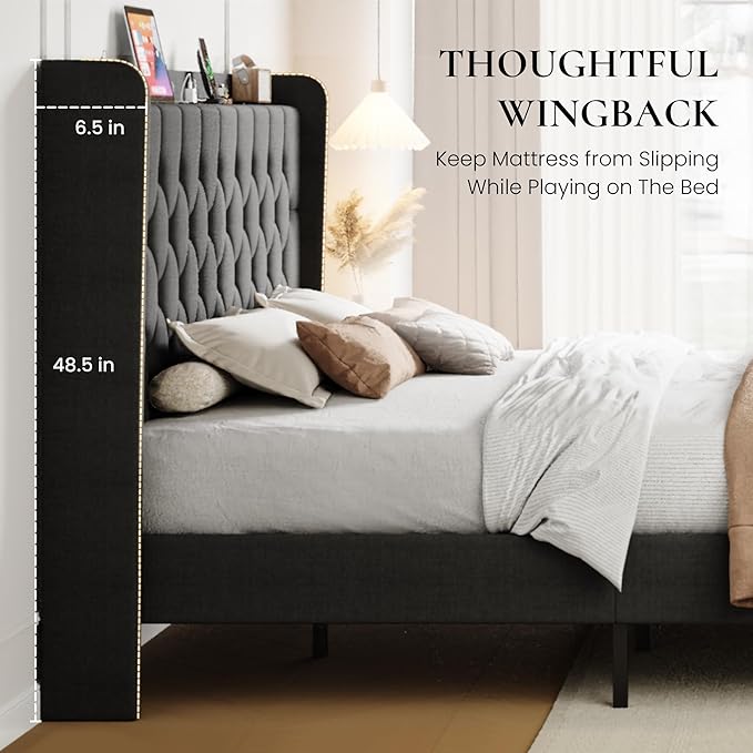 SHA CERLIN King Size Platform Bed Frame with Charging Station, Velvet Wingback Headboard with Storage Shelf, Wooden Slats Support, Ample Under-Bed Space, No Box Spring Needed, Easy Assembly, Dark Grey