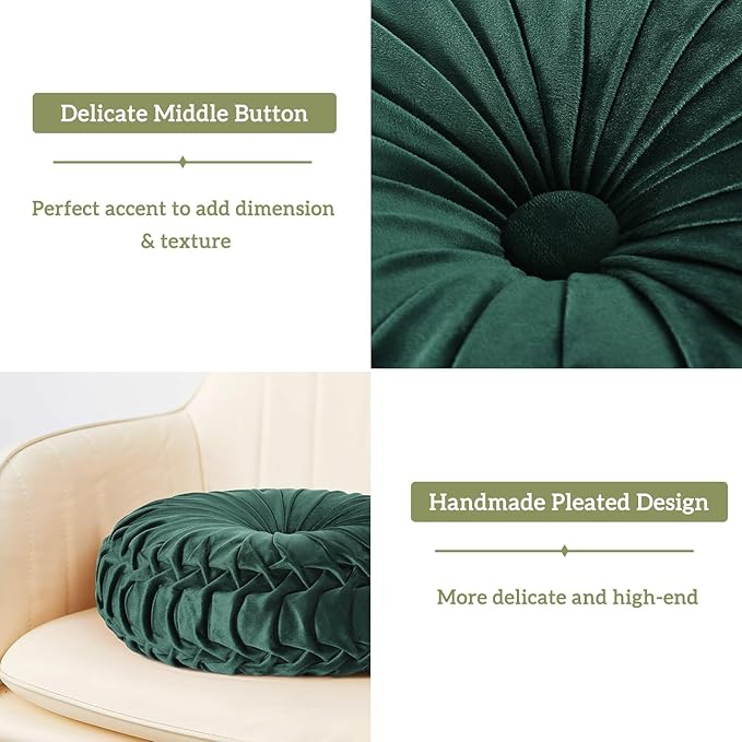 HIG Set of 2 Decorative Round Pleated Throw Pillows, Classy Accent Pumpkin Throw Pillows with Center Button, Vintage Velvet Floor Pillows for Sofa Vanity Chair Bed, Emerald, 14.5" Diameter(Ripple)