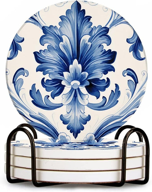 Ceramic Drinking Coasters Set of 4,Water Absorbent Marble Ceramic Coasters Tabletop Protection,Blue Watercolor Texture Elements China Flower,Suitable for Various Cups,Home Decor，4 Inch