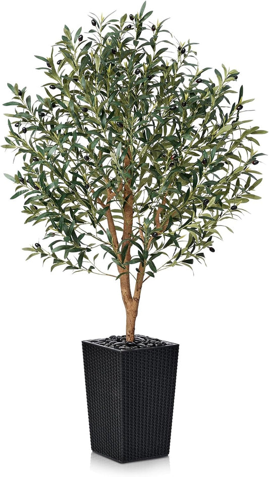 Artificial Olive Tree 5FT, Faux Olive Trees with Real Wood Trunk, UV Resistant Fake Plants in Planter & River Rocks, Indoor Tall Silk Plant for Home Living Room Office Outdoor Decor, VN133