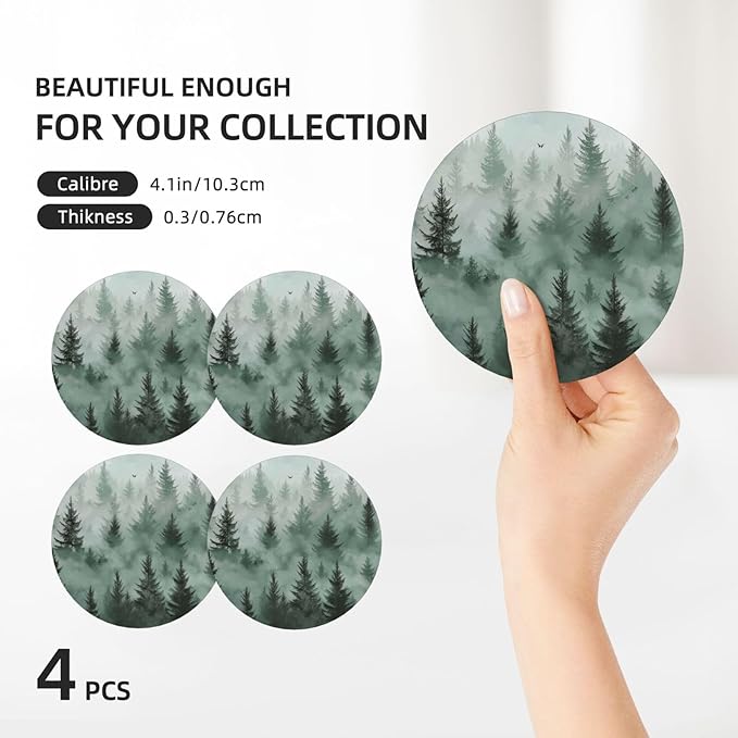 Green Tree Coasters for Drinks Spring Summer Winter Absorbent Ceramic Coaster Set of 4 for Coffee Table Cup Bar Desk Round Coasters Mat with Cork Base Seasonal Home Decors