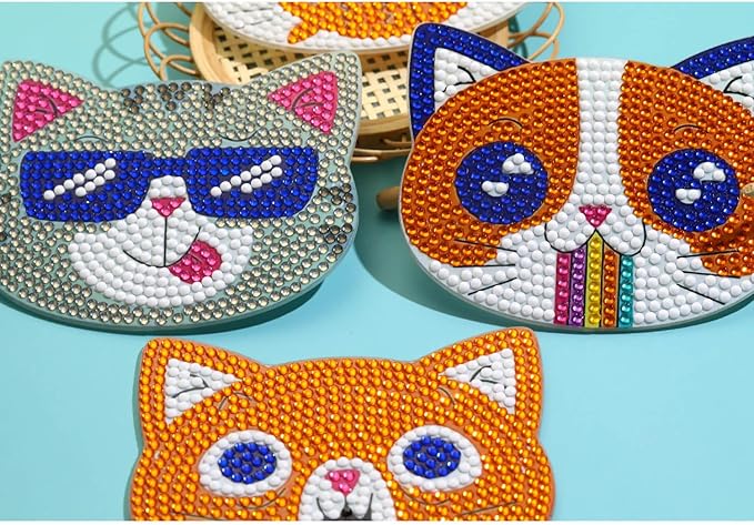 6PCS Cat Diamond Art Coasters Kits, Diamond Painting Coasters with Holder Set of 6, DIY Drink Coasters Art Crafts Supplies for Adults Cup Mat for Home Decor House Warming Gifts Non-Slip 3.9inch