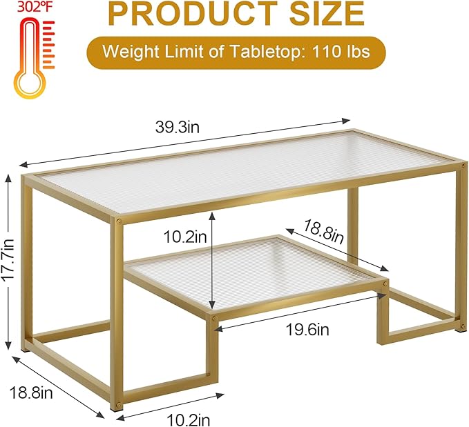 Coffee Table Gold Glass Coffee Table for Living Room,2 Tiers Rectangle Center Table with Ribbed Glass Top and Sturdy Metal Frame,Modern Glass Accent Table for Bedroom Home Office