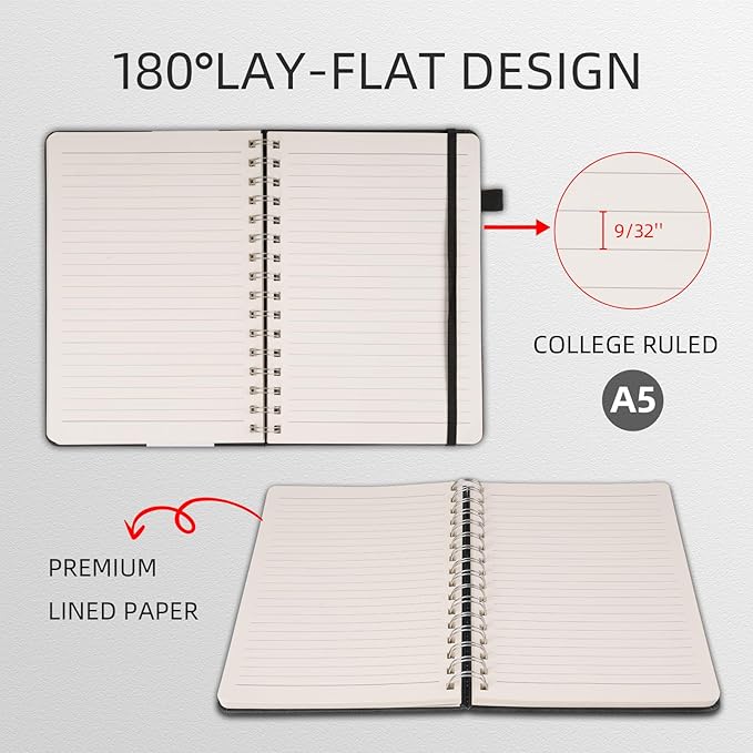 Spiral Notebooks Journal for Women Men 12 Pack Bulk Leather Hardcover with Pen Holder A5 160 Pages 100 GSM Thick Paper for Work School Lined Gray
