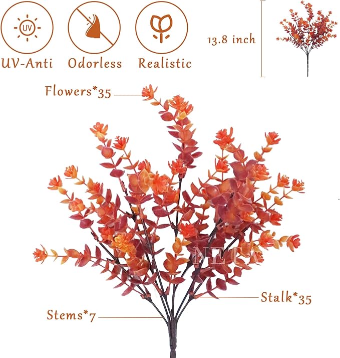 Outdoor Artificial Flowers UV Resistant, 20 Bundles Fake Realistic Floral Greenery Plants for Outside Porch, Window Boxes, Garden, Yard, Inside Home Table Decor,RedOrange