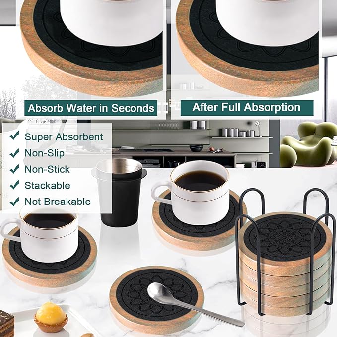 Wood Coasters for Drinks Set of 8, Minacun Absorbent Coaster, Drinks Coasters for Coffee Tabletop Protection, Non-Slip, Non-Stick, Suitable for Kinds of Cups Wooden Table Drink, 4.3 Inch Black