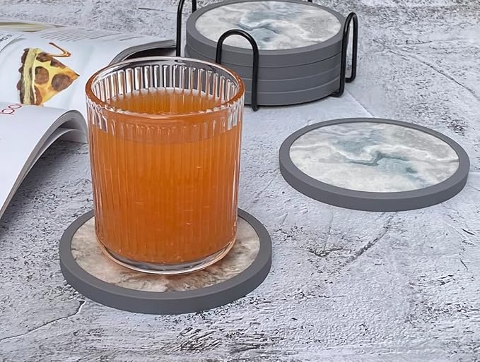 Absorbent Coasters for Drinks with Holder - 6packs, Silicone Coaster with Soft Felt Insert (4.3 inch Coasters with 4.5 inch Holder, Marble Style)