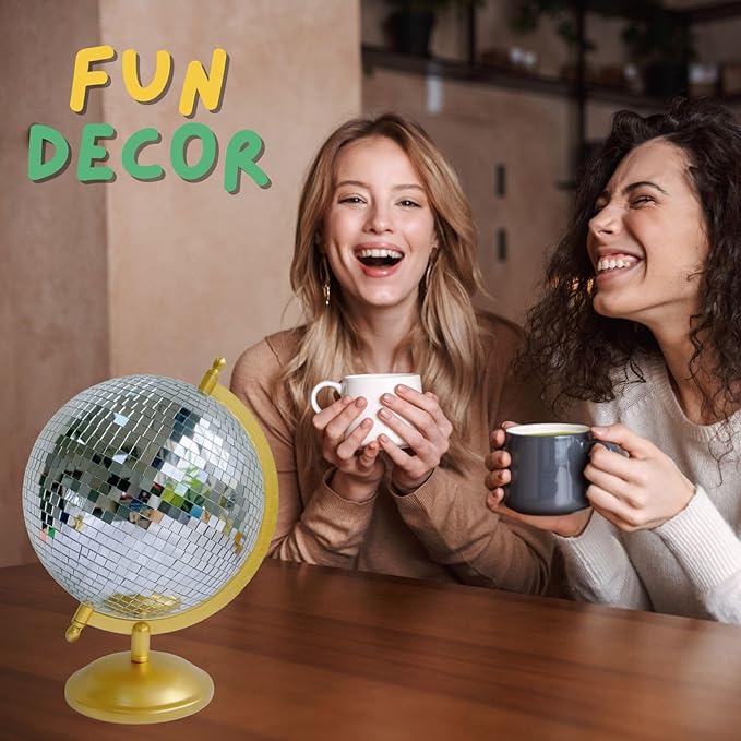 Disco Ball Globe Home Decor Statues Classic Tabletop Art Sculpture with Metal Base Discoball Unique Western Modern Decorative Aesthetic Sculptures, 8.5" x 8" x 12", Bright Gold